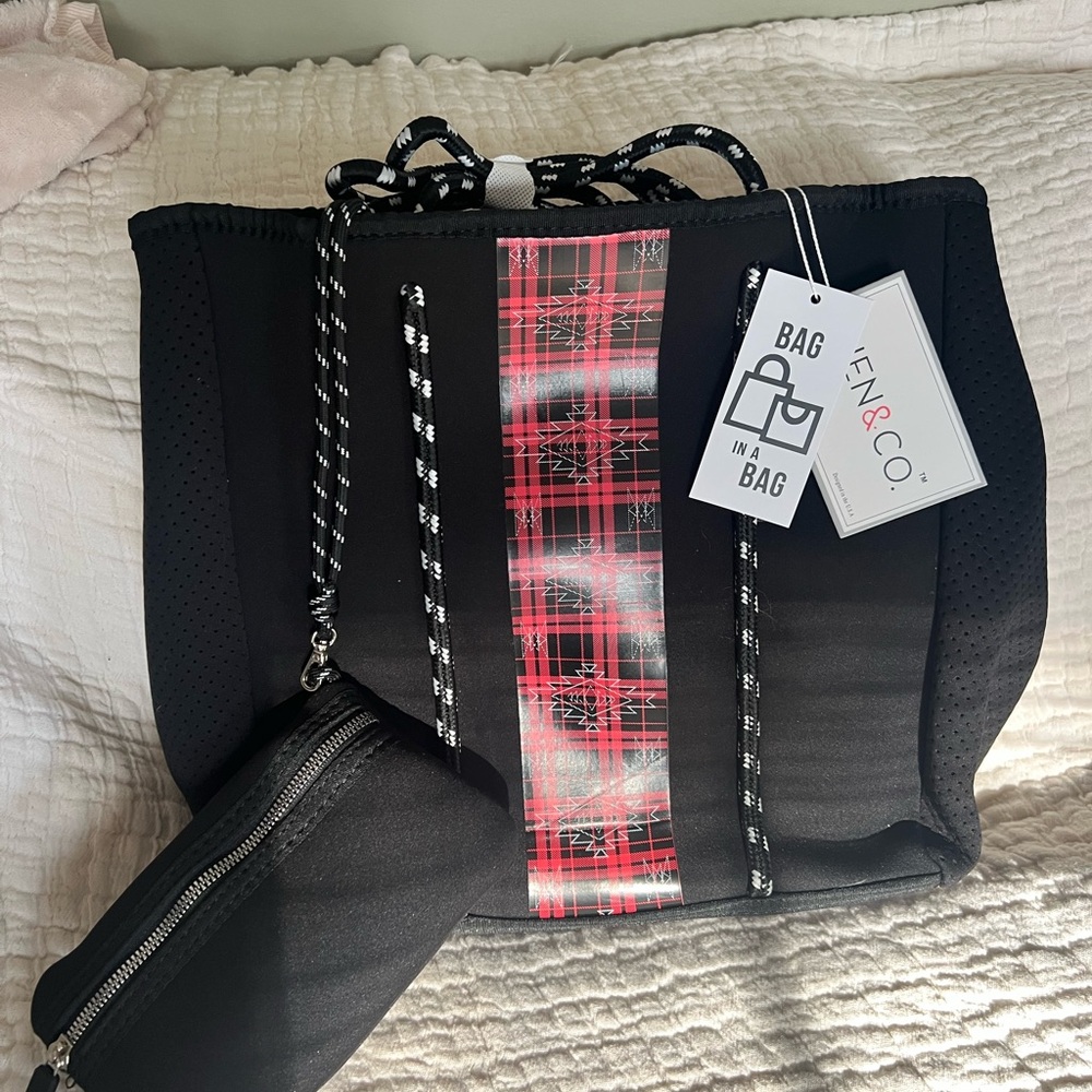 Bag In A Bag Black Tote with Red Plaid Accent